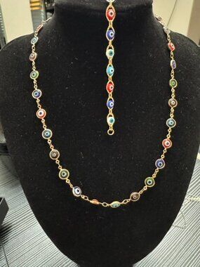 Evil Eye Necklace & Bracelet Set – Gold Tone Multicolor Nazar Protection Jewelry